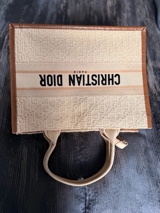 Dior Cream Canvas Book Tote with Tan Trim and Black Logo - Picture 1 of 8